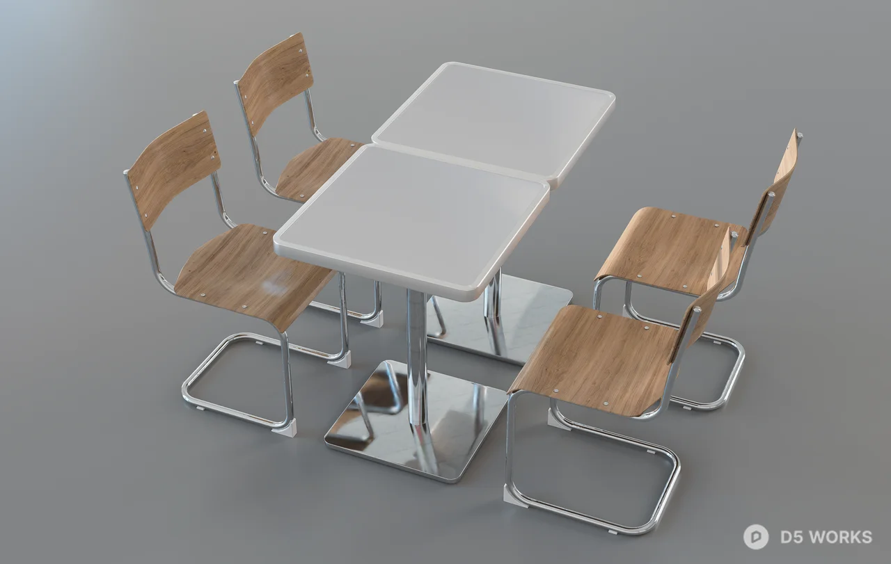 Minimalist Metal Frame Dining Table With Four Wooden Chairs 3d model thumbnail 2