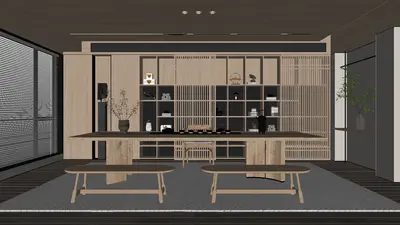 Minimalist Tea Room With Wooden Shelving 3d model