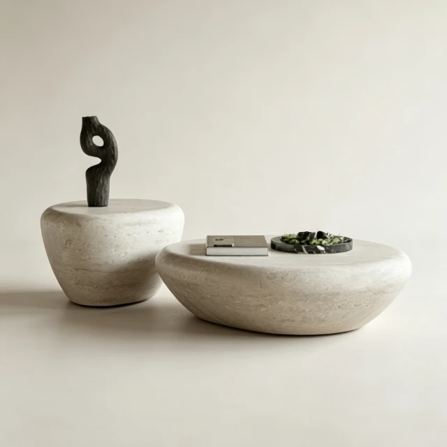 Organic Travertine Pebble Coffee Table Set 3d model