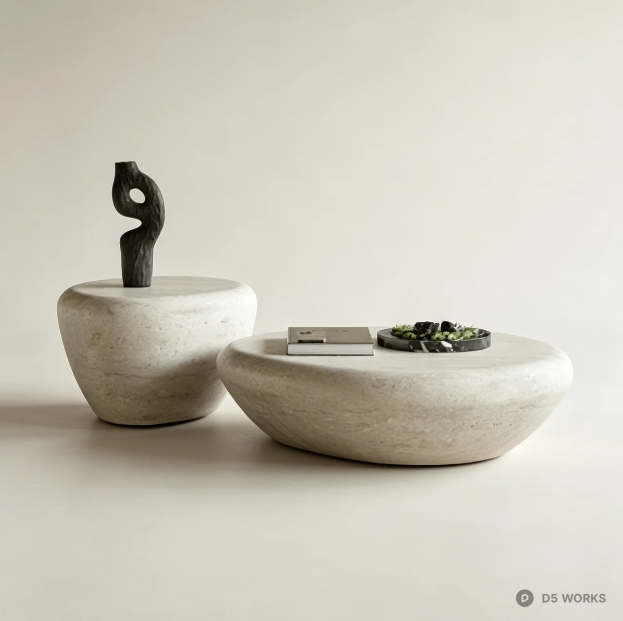 Organic Travertine Pebble Coffee Table Set 3d model - Image 1