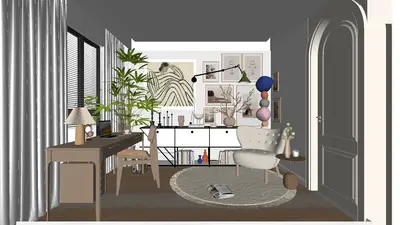Minimalist Home Study With Round Rug And Armchair 3d model
