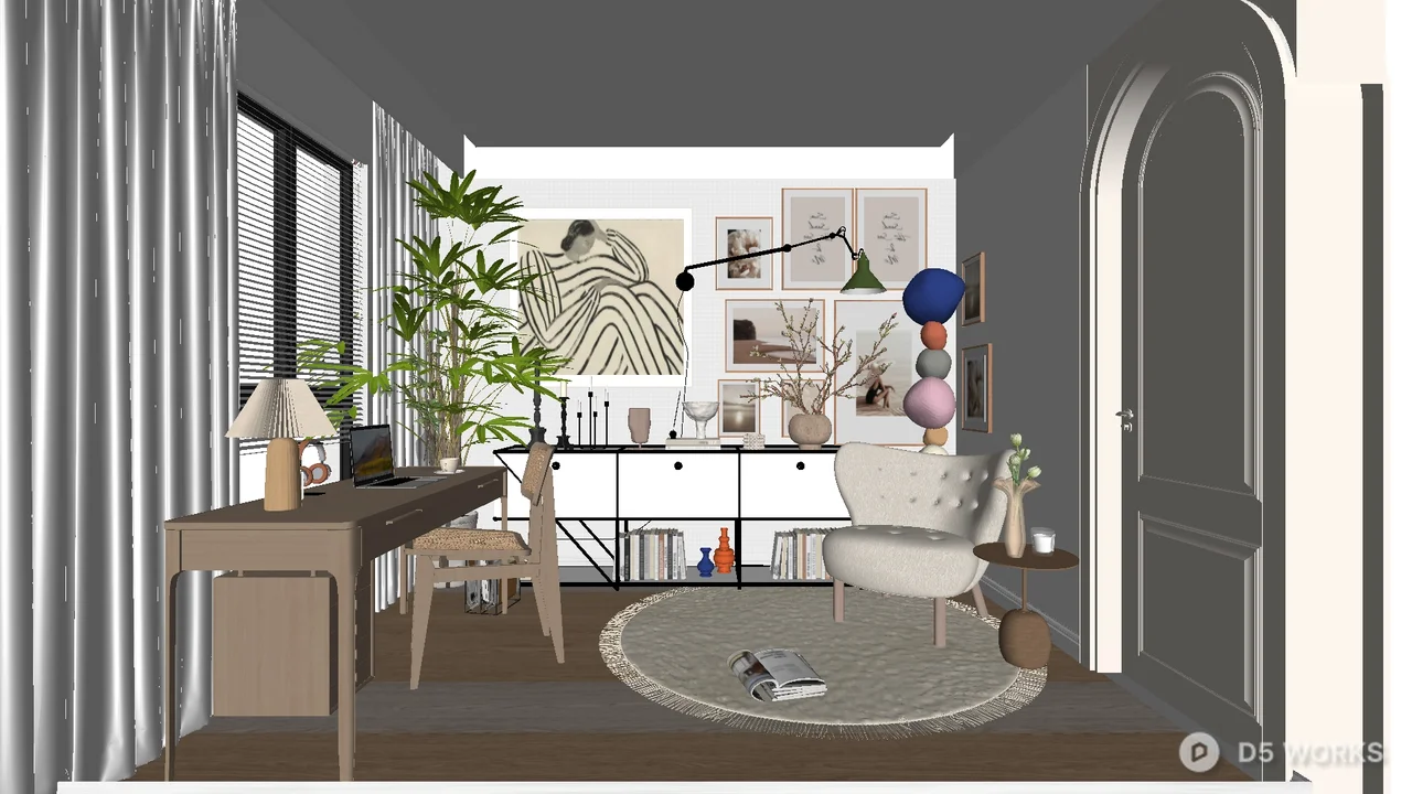 Minimalist Home Study With Round Rug And Armchair 3d model - Image 1