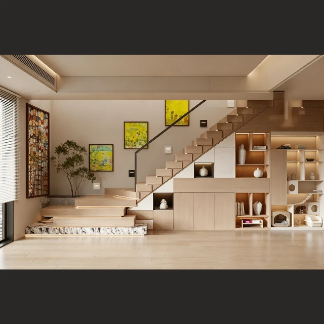 Modern Wooden Staircase with Integrated Storage and Cat Tree 3d model