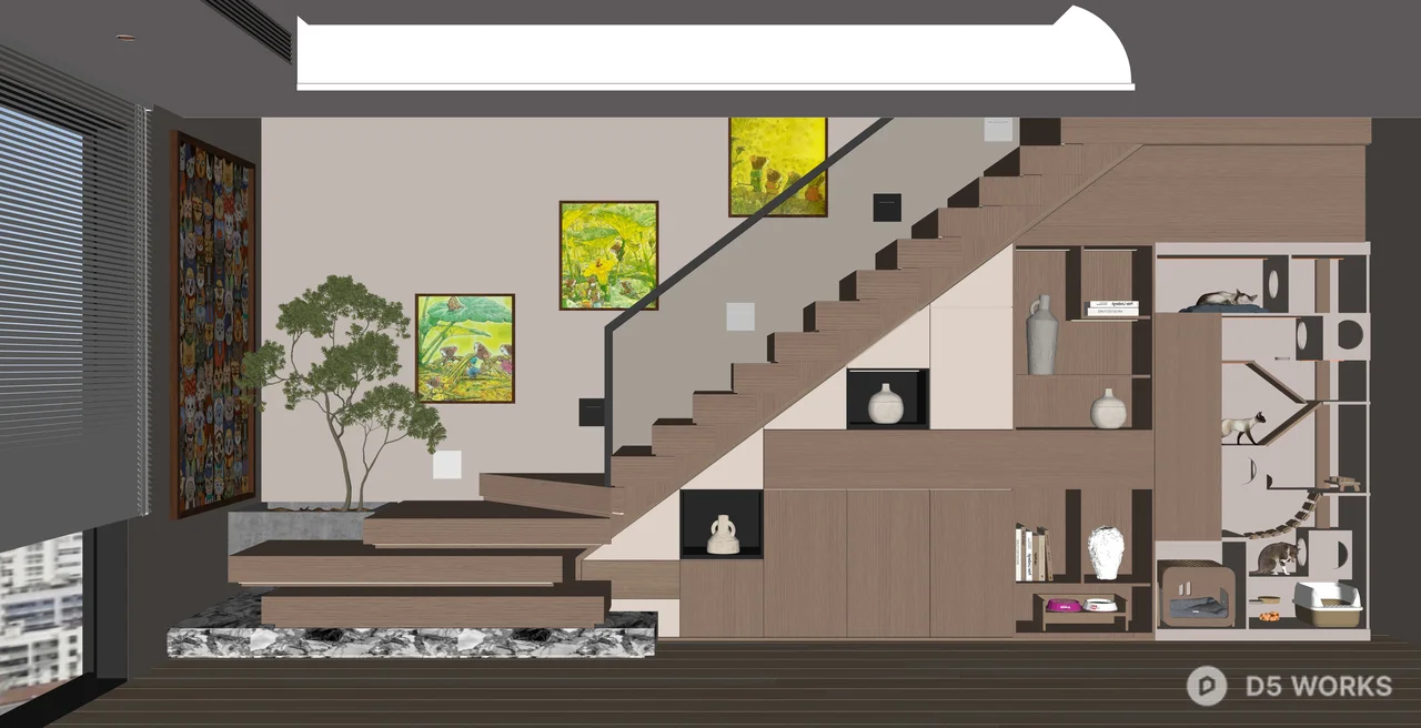 Modern Wooden Staircase with Integrated Storage and Cat Tree 3d model thumbnail 2