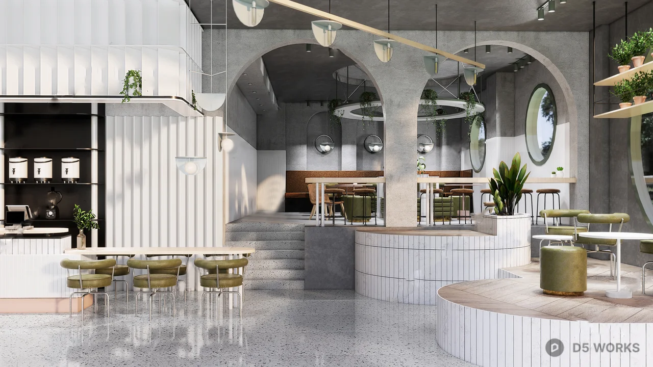 Minimalist Coffee Shop With Arched Concrete Columns And Terrazzo Floor 3d model - Image 1