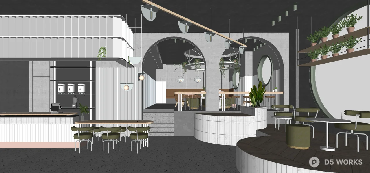 Minimalist Coffee Shop With Arched Concrete Columns And Terrazzo Floor 3d model thumbnail 3