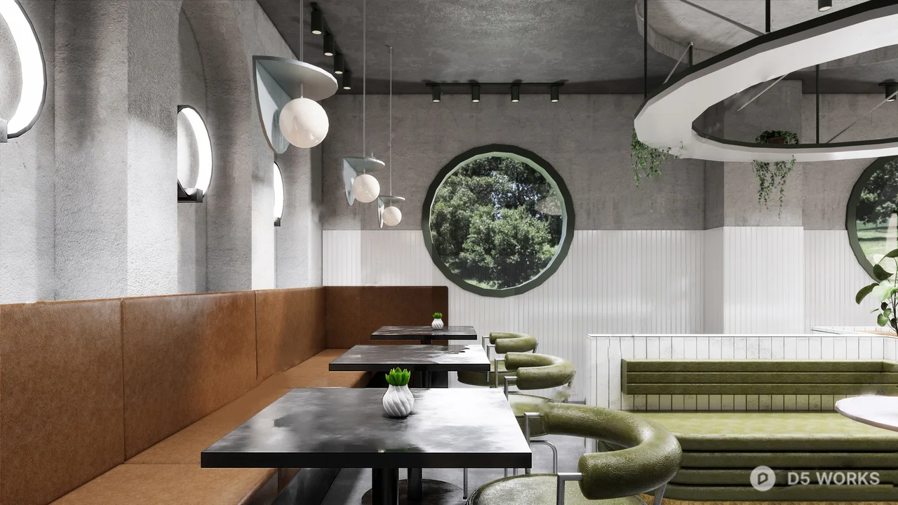Minimalist Coffee Shop With Arched Concrete Columns And Terrazzo Floor 3d model thumbnail 4