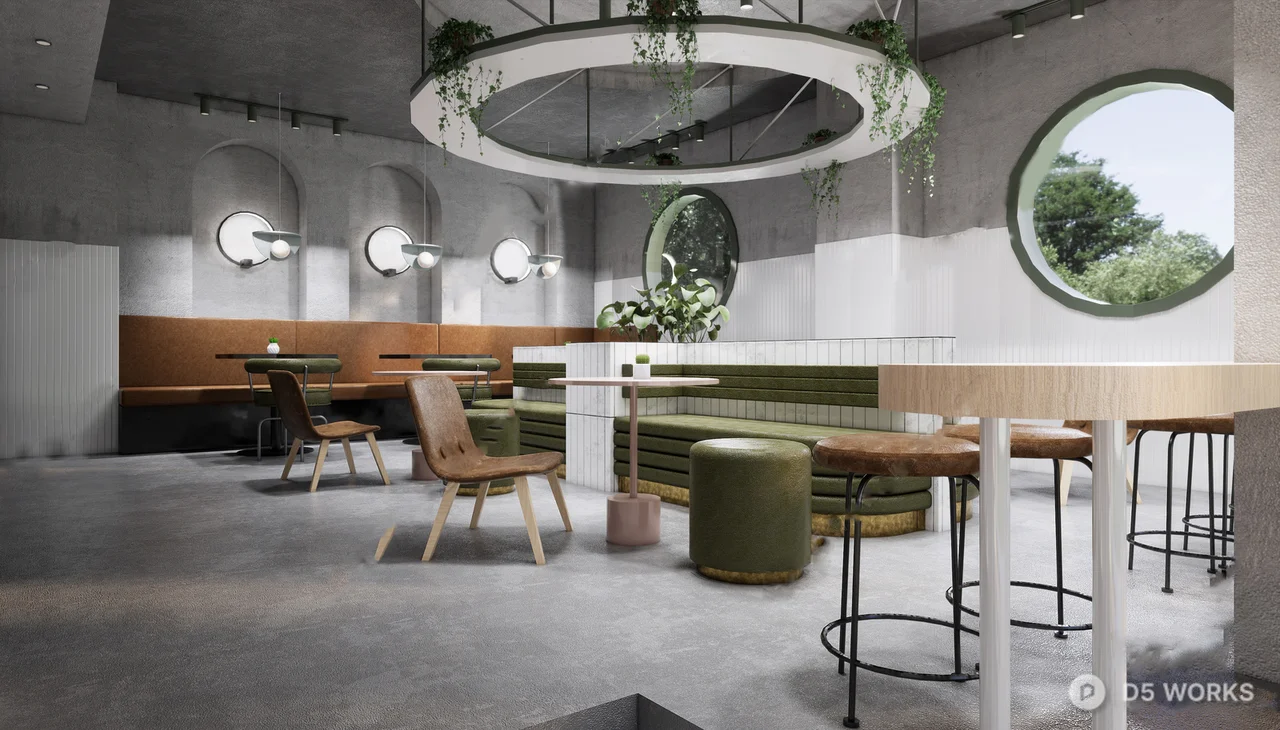 Minimalist Coffee Shop With Arched Concrete Columns And Terrazzo Floor 3d model thumbnail 2