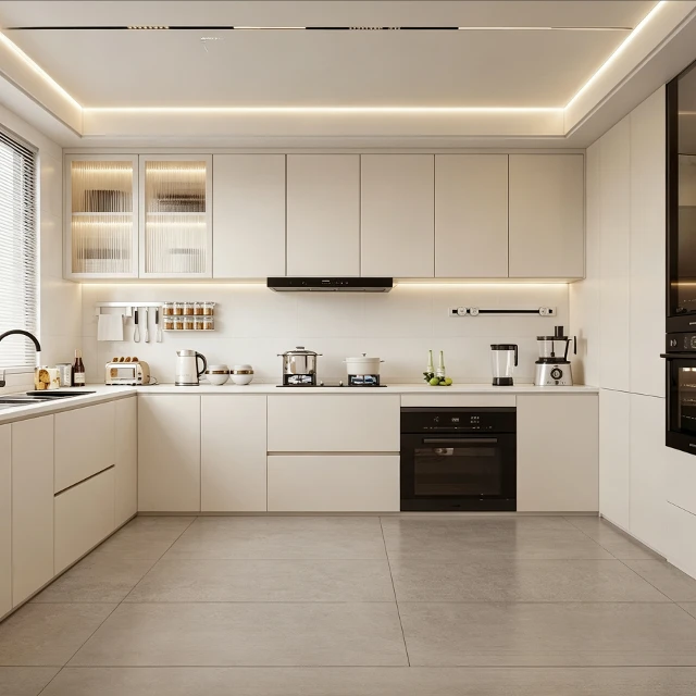 Modern Minimalist Cream and Grey Kitchen Scene 3d model
