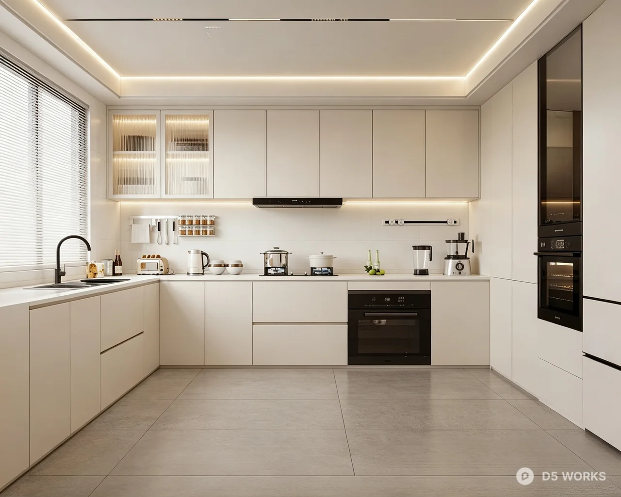 Modern Minimalist Cream and Grey Kitchen Scene 3d model - Image 1