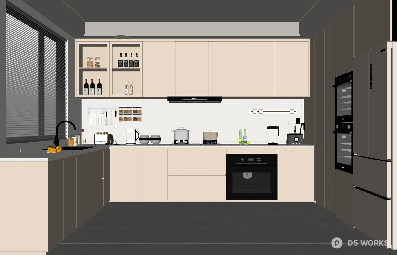 Modern Minimalist Cream and Grey Kitchen Scene 3d model thumbnail 2