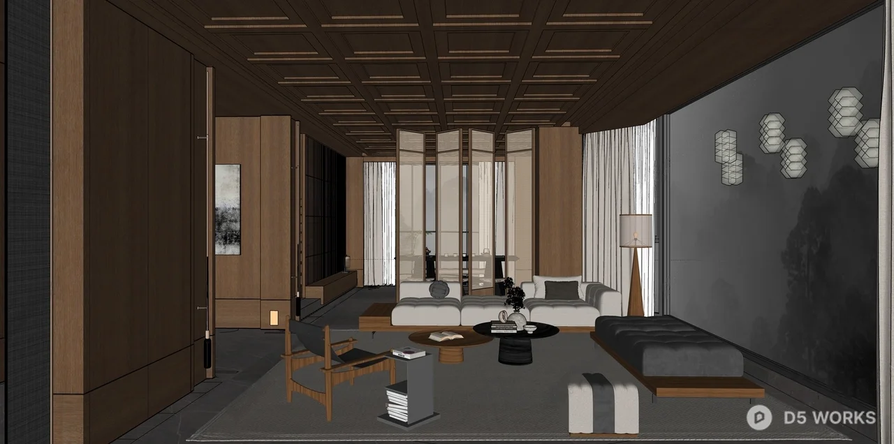 Modern Wood Paneled Living Room With Natural Light 3d model thumbnail 2