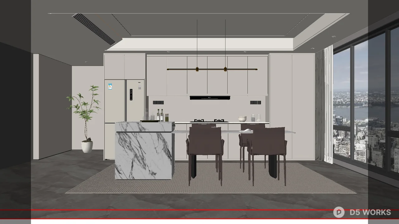 Free Modern Open Kitchen with Island and Dining Area 3D Model .skp