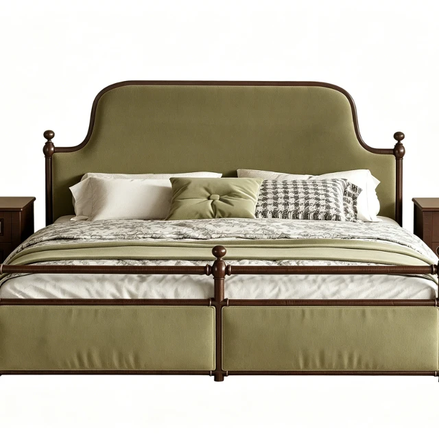 Vintage Olive Green Upholstered Bed with Nightstands 3d model