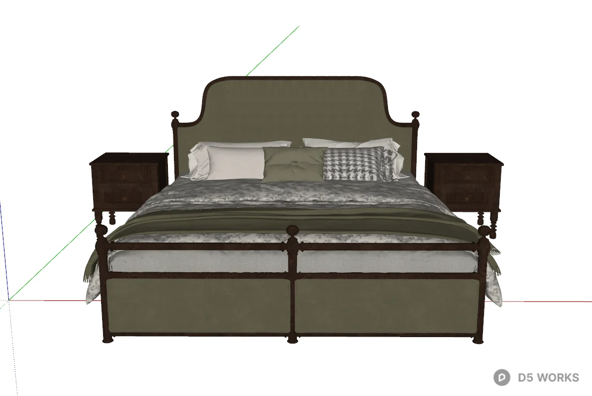 Vintage Olive Green Upholstered Bed with Nightstands 3d model thumbnail 2