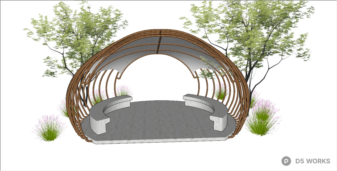 Curved Wooden Arbour With Greenery 3d model thumbnail 2