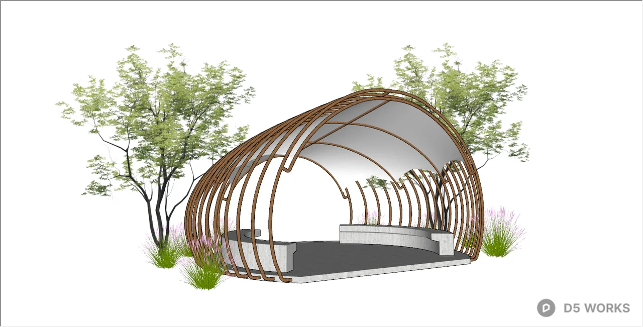 Curved Wooden Arbour With Greenery 3d model - Image 1