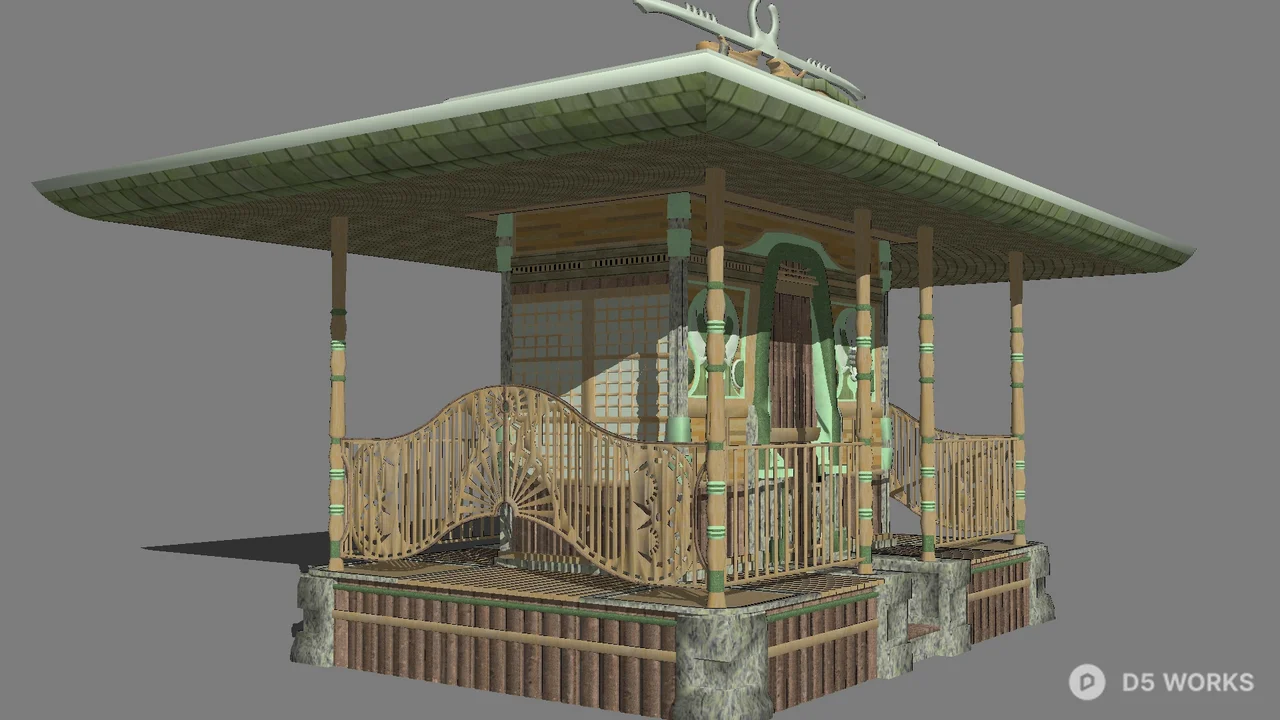 Bamboo Pavilion With Curved Railing And Stone Base 3d model - Image 1