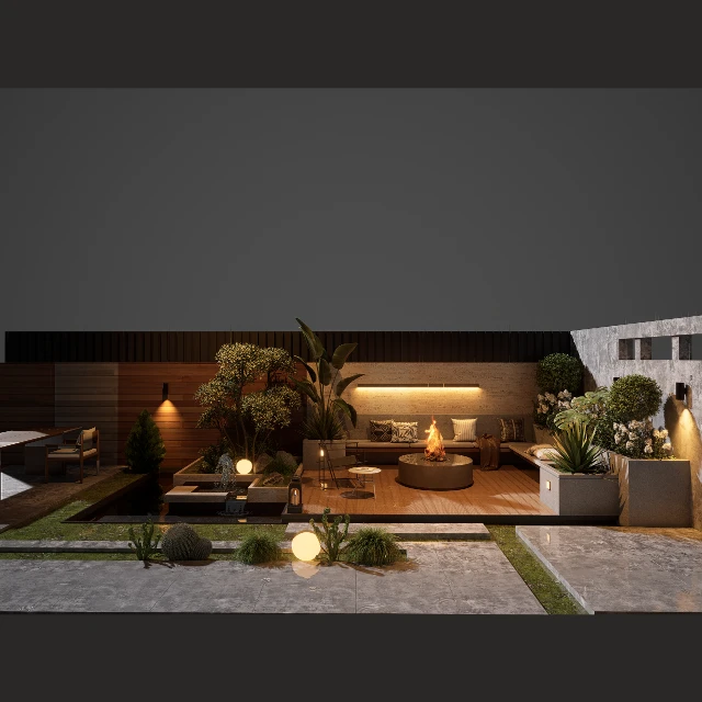 Modern Industrial Outdoor Patio with Fire Pit 3d model