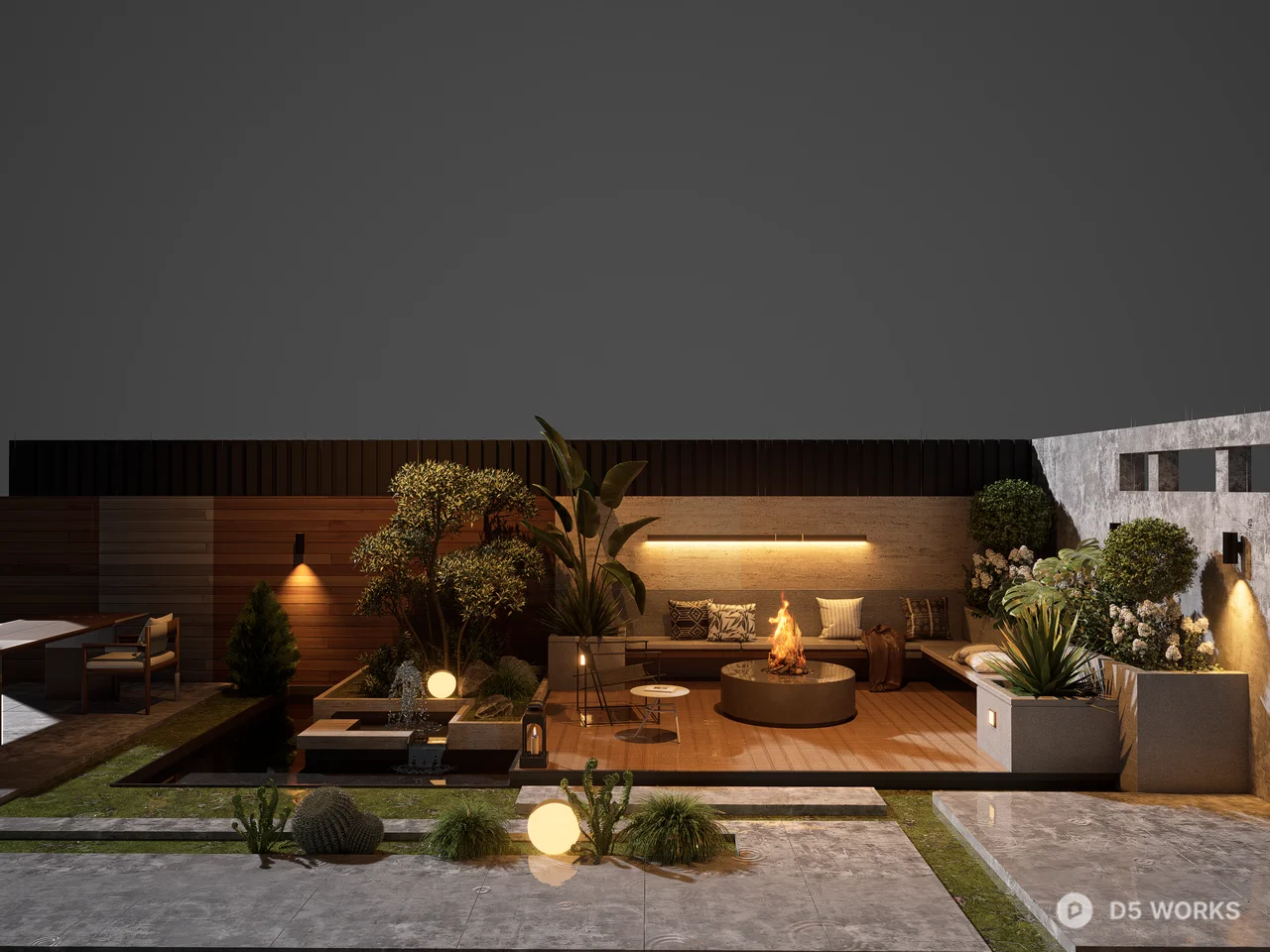 Modern Industrial Outdoor Patio with Fire Pit 3d model - Image 1