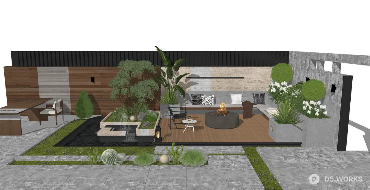 Modern Industrial Outdoor Patio with Fire Pit 3d model thumbnail 2