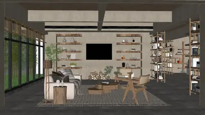 Wabi-Sabi Rest Area with Minimalist Shelving 3d model