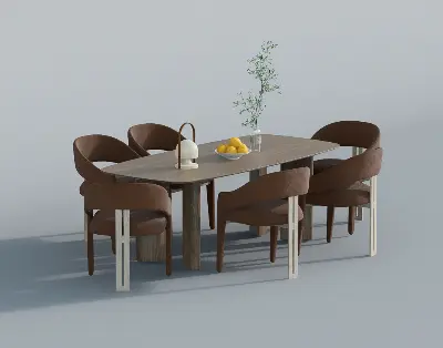 Modern Wooden Dining Table With Upholstered Chairs 3d model