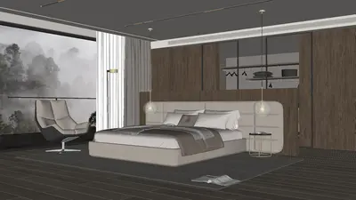 Modern Minimalist Bedroom with Wood Paneling 3d model