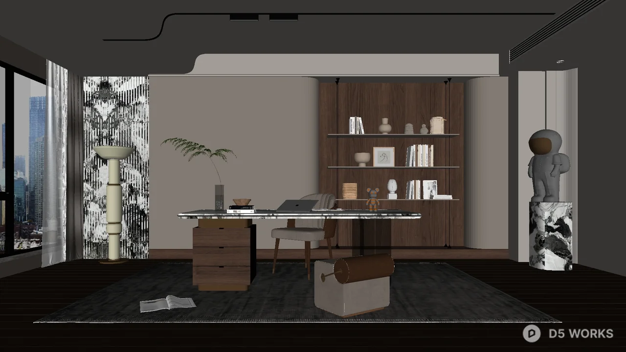 Minimalist Home Study With Wooden Bookshelf And Desk 3d model - Image 1