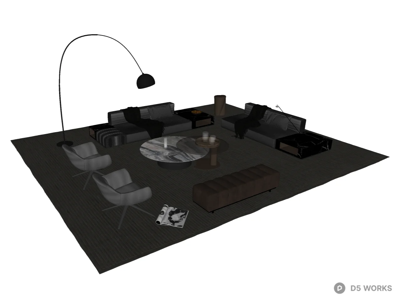 Modern Luxury Monochrome Living Room Furniture Set 3d model thumbnail 2