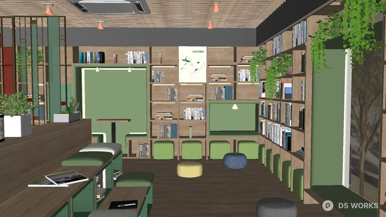 Modern Bookstore Interior with Green Accents 3d model - Image 1