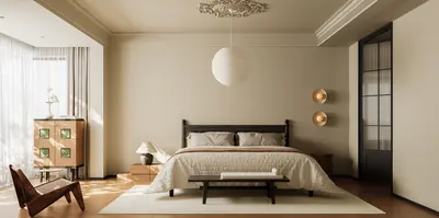 Minimalist Bedroom with Pendant Light and Wooden Bed 3d model