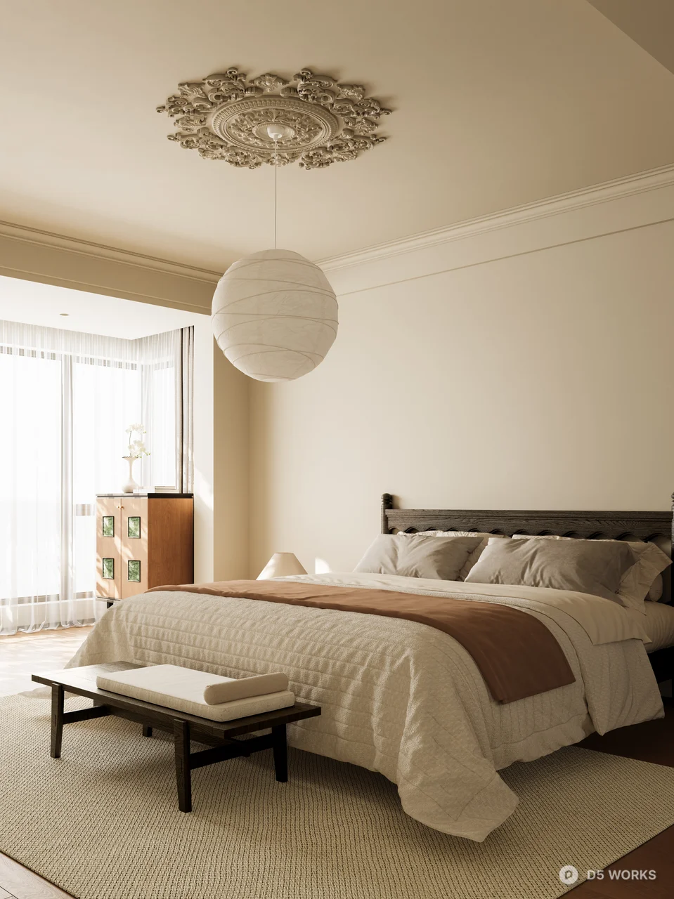 Minimalist Bedroom with Pendant Light and Wooden Bed 3d model thumbnail 3