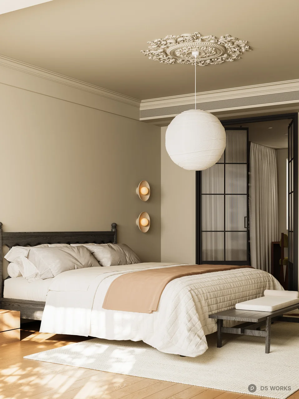 Minimalist Bedroom with Pendant Light and Wooden Bed 3d model thumbnail 4