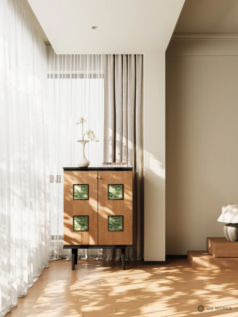 Minimalist Bedroom with Pendant Light and Wooden Bed 3d model thumbnail 2