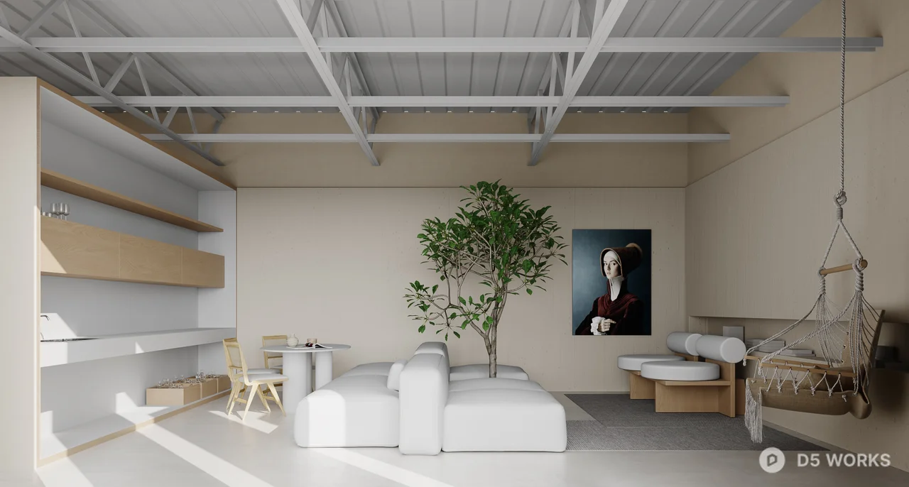 Minimalist Guesthouse Room With Hanging Chair And Indoor Plant 3d model - Image 1