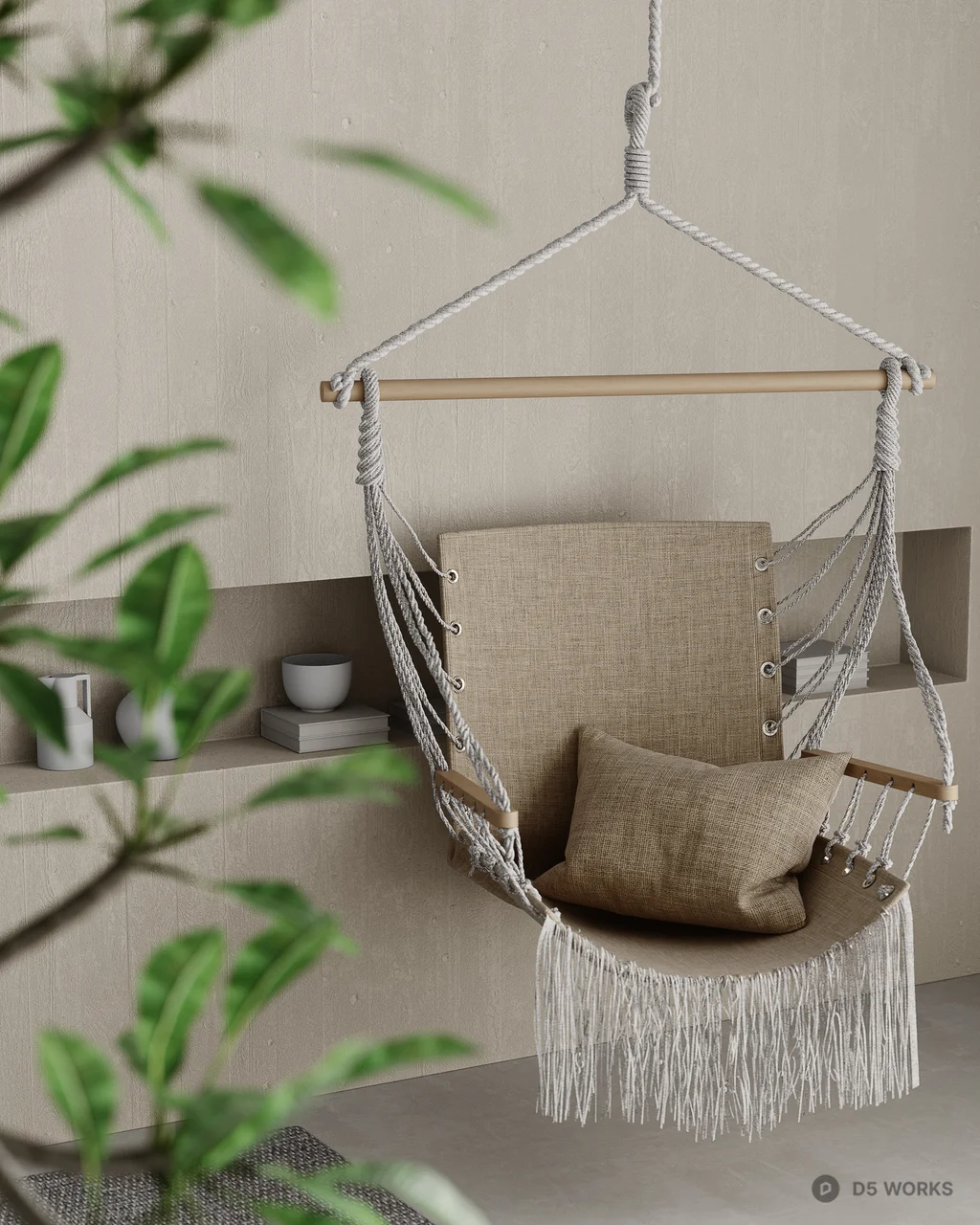 Minimalist Guesthouse Room With Hanging Chair And Indoor Plant 3d model thumbnail 3