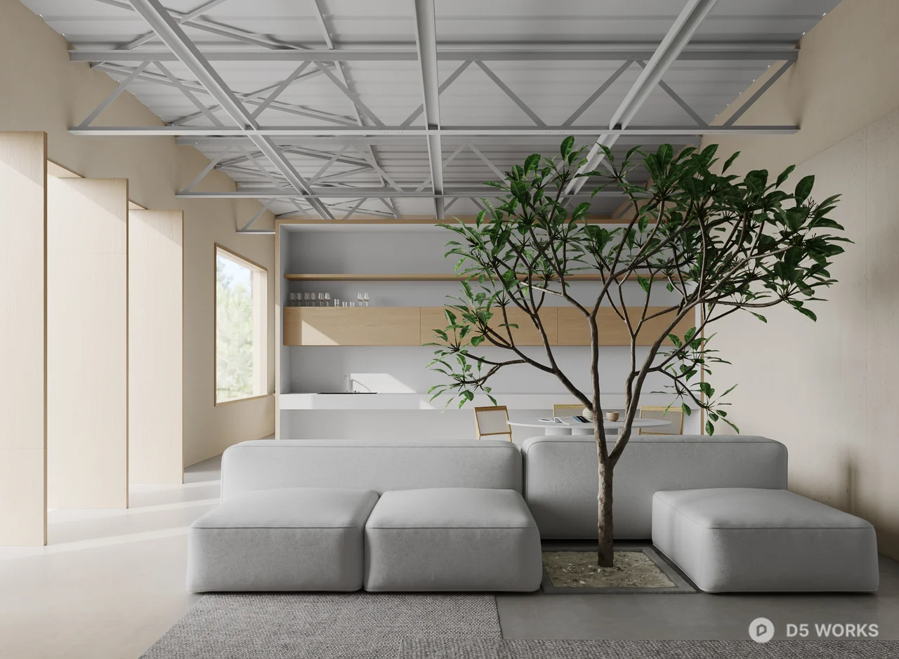 Minimalist Guesthouse Room With Hanging Chair And Indoor Plant 3d model thumbnail 7