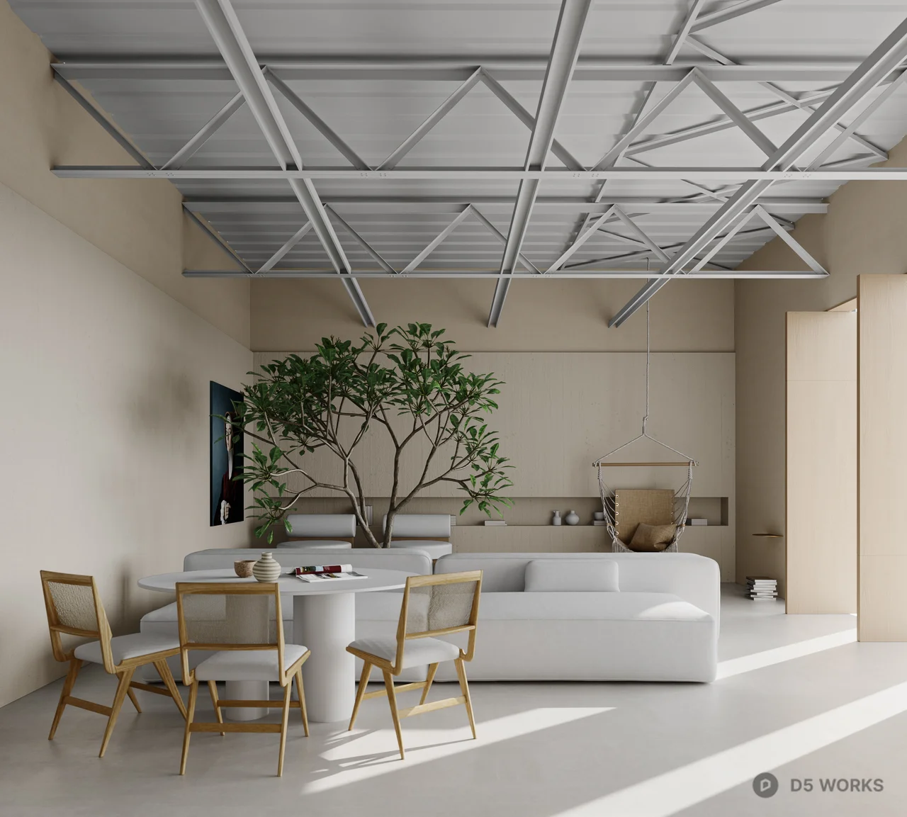 Minimalist Guesthouse Room With Hanging Chair And Indoor Plant 3d model thumbnail 6