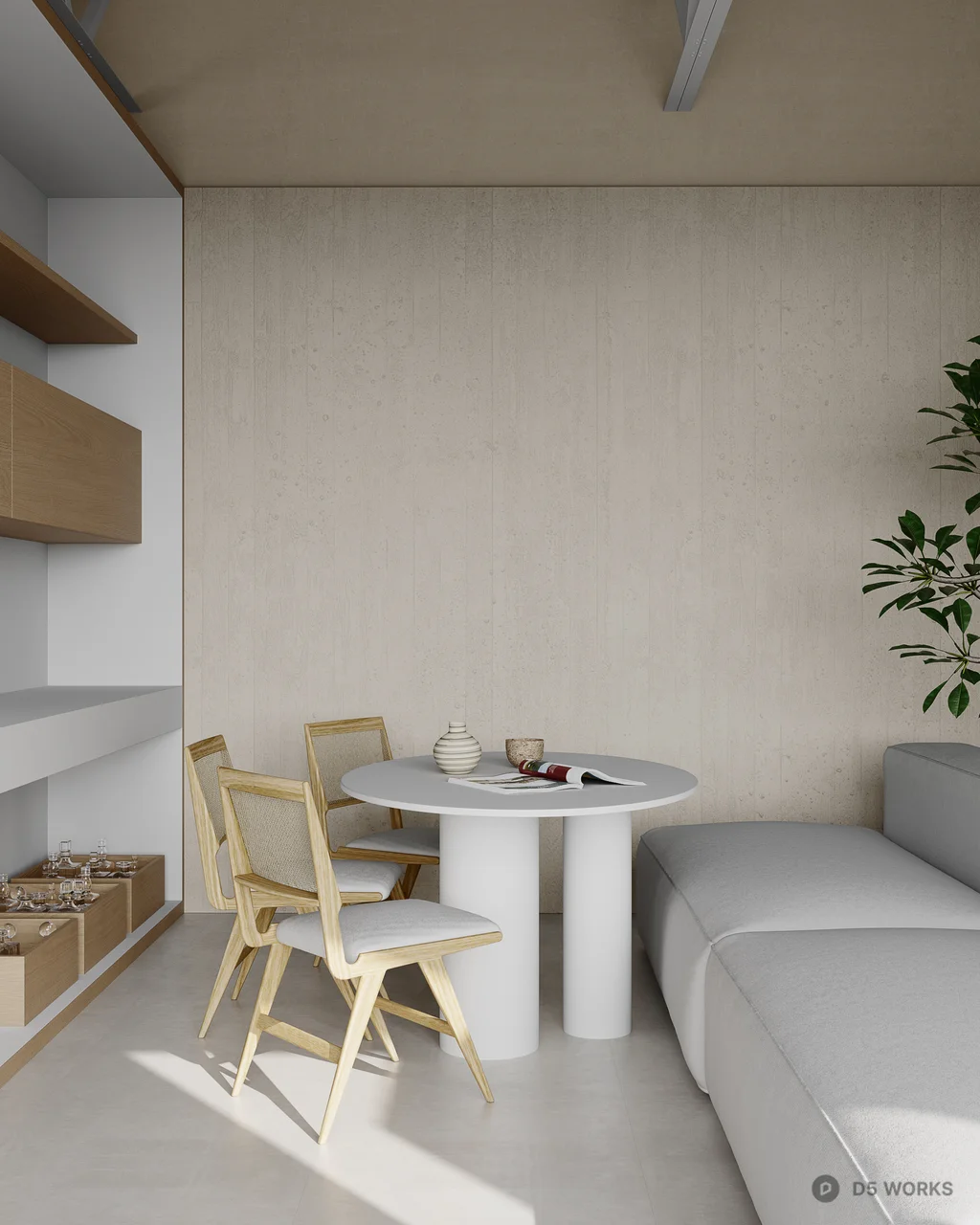 Minimalist Guesthouse Room With Hanging Chair And Indoor Plant 3d model thumbnail 5