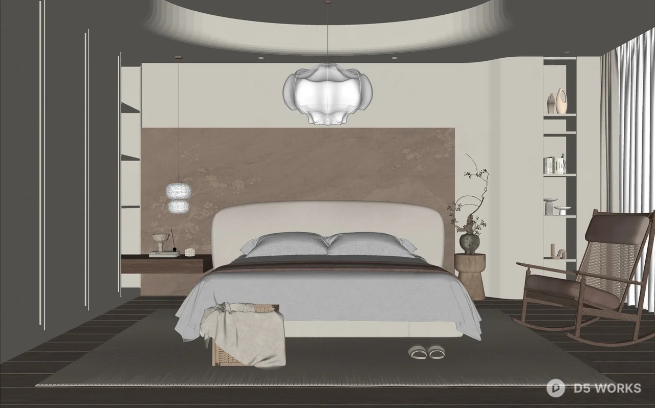 Minimalist Beige Bedroom with Curved Headboard 3d model thumbnail 2