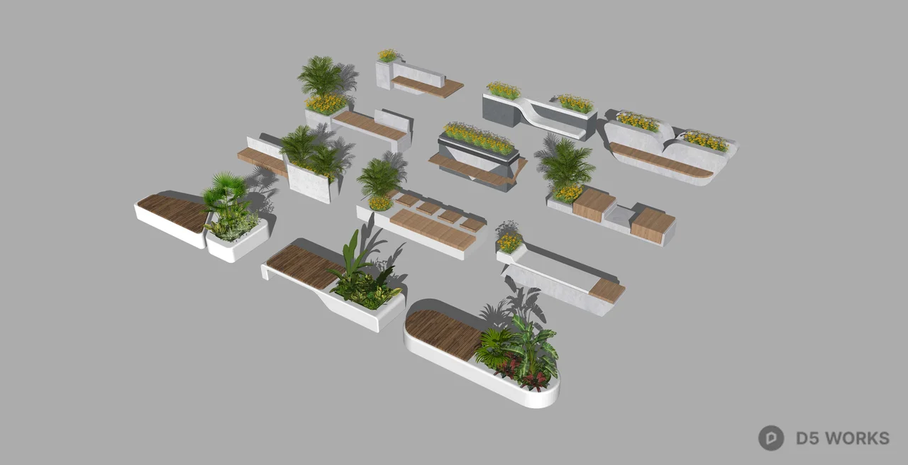 Modern Modular Public Bench and Planter Collection 3d model thumbnail 2
