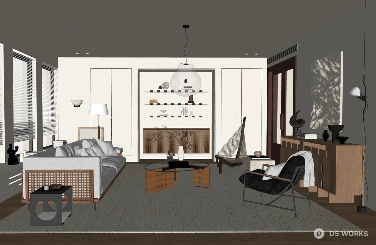 Modern Minimalist Living Room With Warm Wood Accents 3d model thumbnail 2