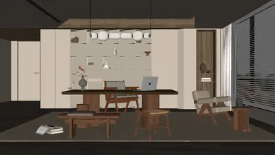 Minimalist Study Room With Wooden Furniture And Pendant Lighting 3d model