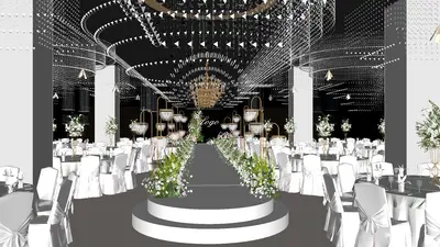 Elegant Banquet Hall with Floral Aisle and Chandelier Ceiling 3d model