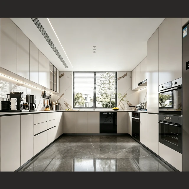 Modern Minimalist Galley Kitchen with Built-in Appliances 3d model
