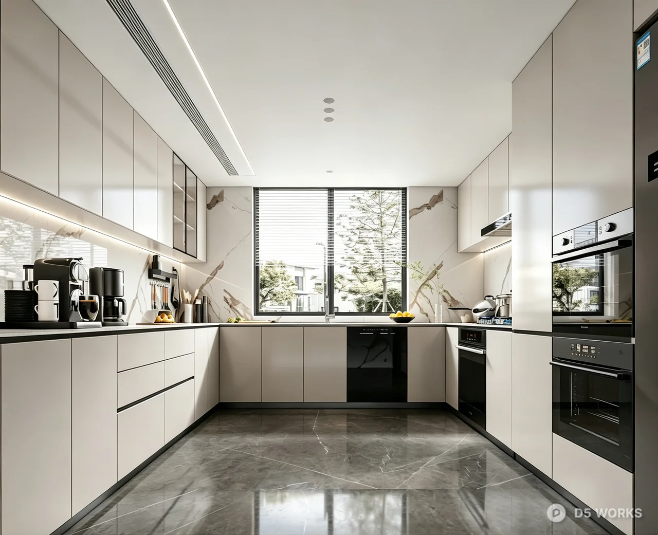 Modern Minimalist Galley Kitchen with Built-in Appliances 3d model - Image 1