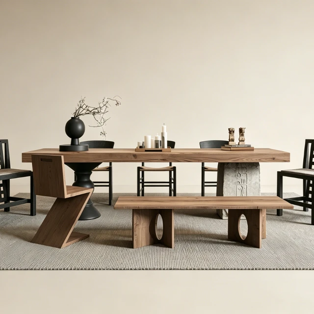 Rustic Wabi-Sabi style wooden dining table and chairs with stone decoration 3d model