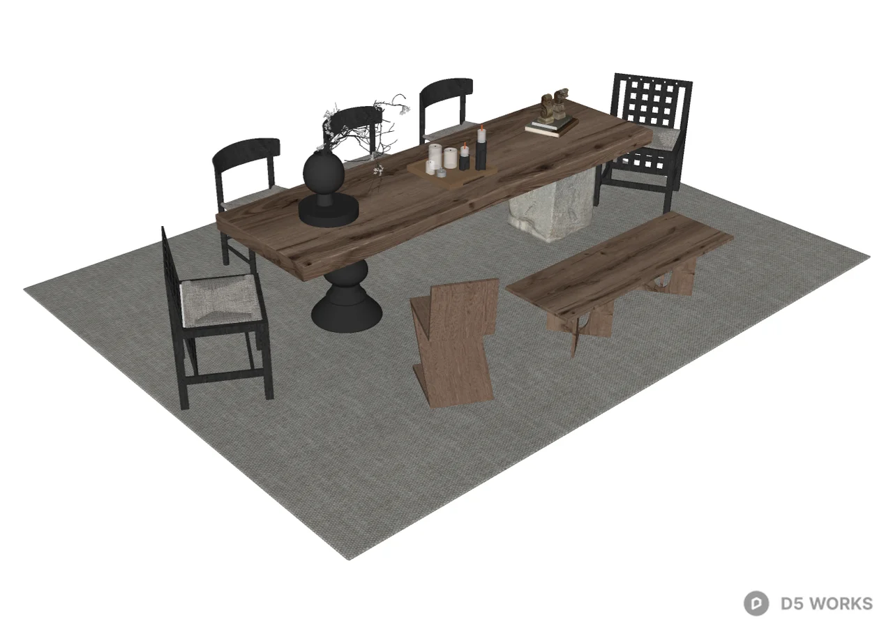 Rustic Wabi-Sabi style wooden dining table and chairs with stone decoration 3d model thumbnail 2