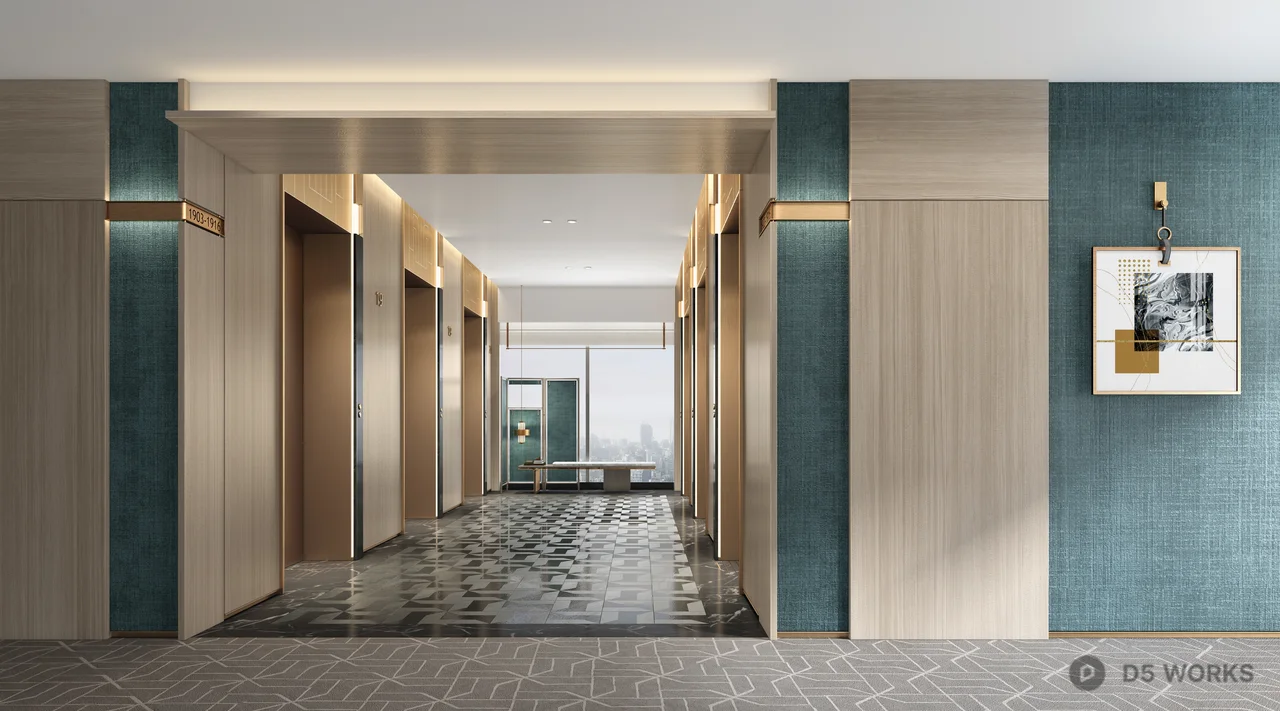 Modern Hotel Corridor with Teal Accent Walls 3d model - Image 1